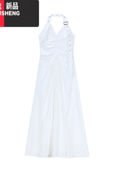 YIBUSHENG纯欲白色设计感褶皱挂脖连衣裙女季修身收腰A字裙长裙