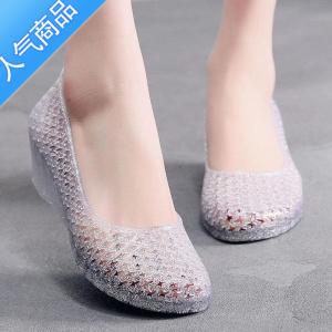 SUNTEK2023水晶塑胶镂空高跟坡跟凉鞋女夏外穿海边沙滩上班休闲透气软底