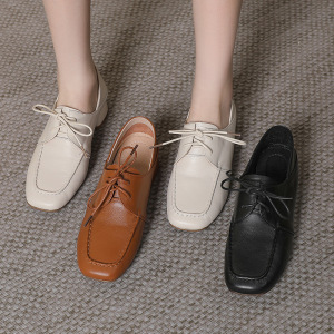 头层牛皮英伦风单鞋方头中口系带低跟可踩脚大码真皮小皮鞋