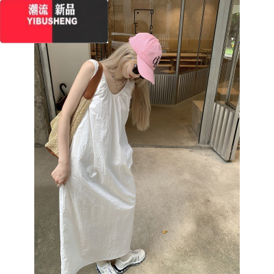 YIBUSHENG法式设计感V领无袖连衣裙女季2024新款度假风气质宽松露背长裙