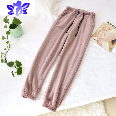 Ideamini珊瑚绒睡裤女长裤子秋冬薄绒暖暖裤法兰绒小脚收口宽松情侣家居裤
