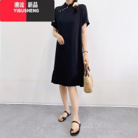 YIBUSHENG韩版棉绸连衣裙女季宽松显瘦黑色短袖长裙立领套头纯色修身旗袍