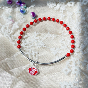 纯手工编织银饰银珠手环纯银复古圆珠手串简约民族风转运朱砂手链送女朋友老婆情人节七夕生日礼物