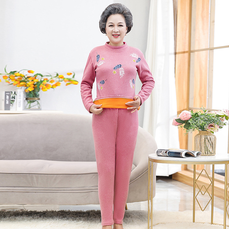 中老年女德绒套头套装秋衣秋裤奶奶装大码加绒加厚保暖内衣妈妈装
