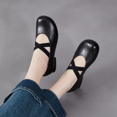 真皮圆头交叉带芭蕾舞鞋女26春款复古软底粗中跟浅口单鞋玛丽珍鞋