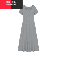 YIBUSHENG气质灰色短袖连衣裙女季小众简约修身A字裙大摆裙长裙