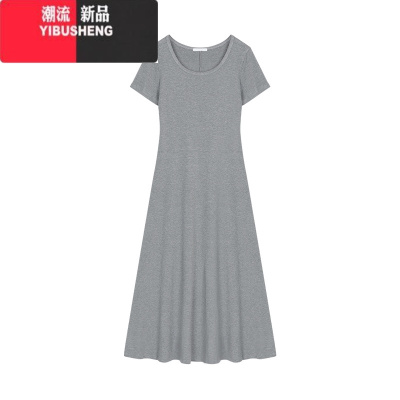 YIBUSHENG气质灰色短袖连衣裙女季小众简约修身A字裙大摆裙长裙