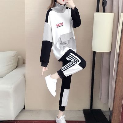 珂卡慕(KEKAMU)运动套装女2020春秋新款大码宽松显瘦洋气时尚潮流卫衣休闲百搭减龄两件套黑白拼接套装默认颜色S