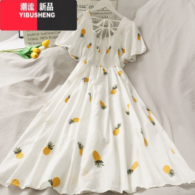 YIBUSHENG仙气仙森系白色露背连衣裙女法式初恋系方领裙子公主裙仙女裙