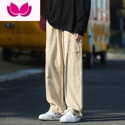 七斓工装裤子男士宽松大码运动卫裤直筒阔腿卡其色休闲长裤