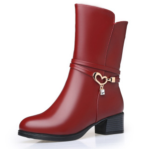 黑色防滑妈妈鞋棉鞋中筒靴子秋冬季粗跟软底中跟皮鞋加绒中年皮靴