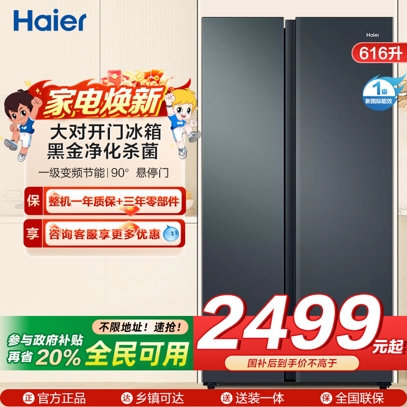 海尔(Haier)616升大对开门冰箱 一级变频 风冷无霜 黑金净化杀菌大容量冰箱BCD-616WGHSSEDC9