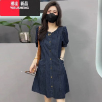 YIBUSHENG欧货复古泡泡袖薄款牛仔连衣裙季新款中长款收腰显瘦A字裙子女