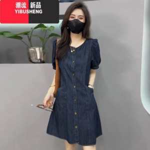YIBUSHENG欧货复古泡泡袖薄款牛仔连衣裙季新款中长款收腰显瘦A字裙子女