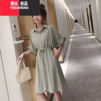 YIBUSHENG慵懒风雪纺衬衫式连衣裙女2024新款显瘦收腰中长款宽松衬衣裙子