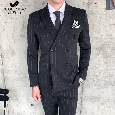 富贵鸟（FUGUINIAO）双排扣西服套装男修身三件套伴郎团英伦新郎西服结婚礼服商务正装