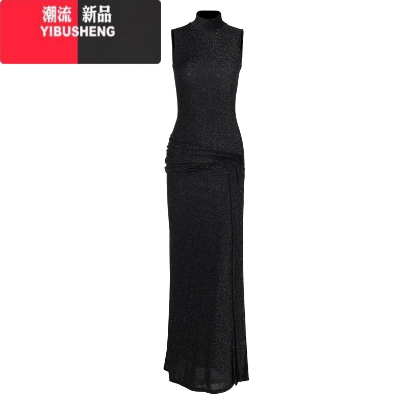 YIBUSHENG欧美风黑色亮丝半高领无袖连衣裙女修身显瘦显身材飘带过膝长裙子