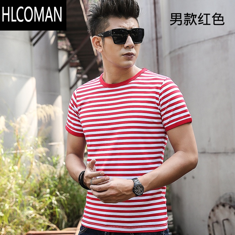 HLCOMAN海魂衫男短袖t恤定制修身男女圆领半袖蓝白条纹情侣装夏季