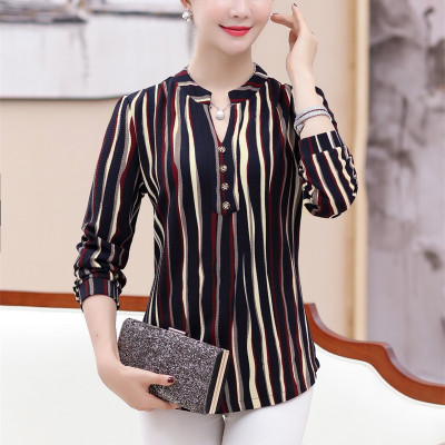 中老年女装春秋长袖条纹百搭衬衫30-40-50岁宽松上衣妈妈装衬衣秋