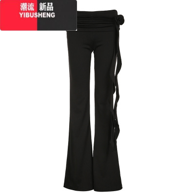 YIBUSHENGDARLINGAGA小众设计立体玫瑰飘带休闲裤女高腰褶皱百搭喇叭裤长裤