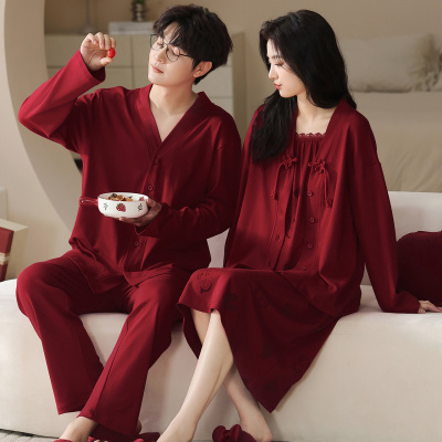 情侣睡衣春秋冬季棉质本命年喜庆结婚红色一男士一女士家居服套装_597