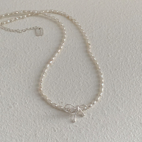 S925纯银立体蝴蝶结珍珠项链女温柔优雅休闲风锁骨链颈链时髦送女朋友老婆情人节七夕生日礼物