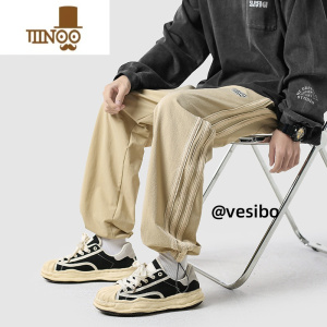 YANXU裤子男秋季新款潮牌宽松条纹抽绳束脚卫裤美式黑色百搭休闲运动裤