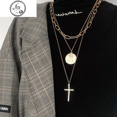 欧美复古韩版圆牌硬币项链女潮镀金多层叠戴蹦迪锁骨链ins毛衣链 JiMi