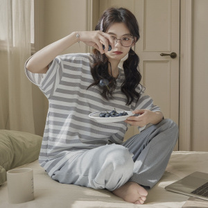 夏季休闲睡衣简约大方纯色款女家居服带胸垫短袖长裤两件套可外穿