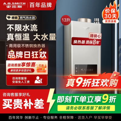 AO史密斯 13升燃气热水器 不锈钢换热器8年包换 负压燃烧更安全 精控恒温 家用5系列