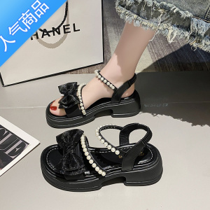 SUNTEK凉鞋女2023新款夏季蝴蝶结仙女风厚底珍珠一字带时尚露趾罗马女鞋