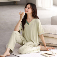 夏季莫代尔新款睡衣V 领短袖长裤套装女休闲简约家居服薄款可外穿