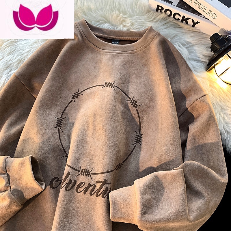 七斓美式绒卫衣男士春季潮牌宽松圆领外套款无帽上衣服