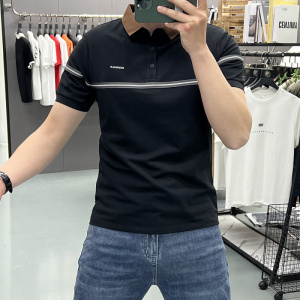 透气男士休闲线条短袖POLO衫夏季翻领翻领半袖上衣带扣潮