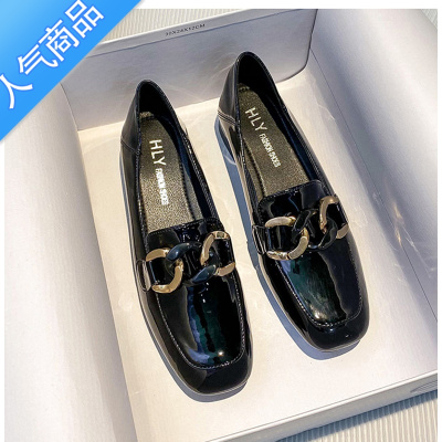 SUNTEK粗跟漆皮乐福鞋女2022春秋新款气质金属扣一脚蹬懒人方头小皮鞋女