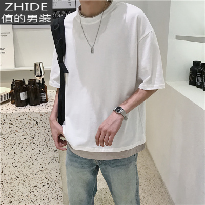 SUNTEK港风假两件拼接短袖t恤男2020夏季新款宽松百搭休闲半袖色上衣夹克