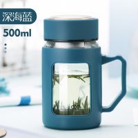 家柏饰(CORATED)玻璃杯女家用便携水杯少女风简约清新森系花茶杯子带把男 深海蓝500ml