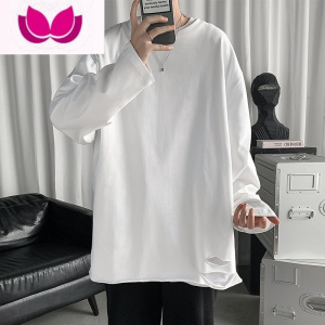 七斓破洞t恤男长袖oversize潮牌纯色ins潮流百搭宽松内搭打底衫