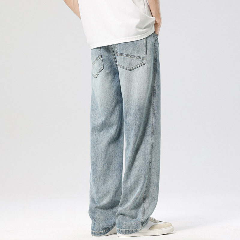 男士宽松直筒牛仔裤 浅蓝渐变水洗工艺显瘦显高 垂坠感阔腿拖地裤