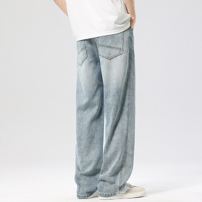 男士宽松直筒牛仔裤浅蓝渐变水洗工艺显瘦显高垂坠感阔腿拖地裤