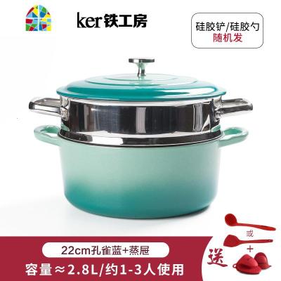 蒸锅笼屉铸珐琅不粘炖锅家用汤锅304不锈钢蒸笼小搪瓷锅 FENGHOU 26cm孔雀蓝炖锅+蒸笼