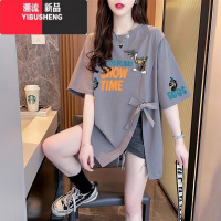 YIBUSHENG2024年装新款开叉短袖t恤女宽松大码女装时尚洋气上衣