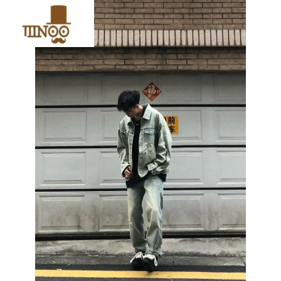 YANXU美式Vibe风黄泥做旧水洗翻领牛仔外套男女款拉链潮牌复古褂衣