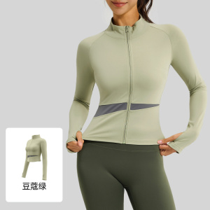 蜜桃拼色瑜伽外套裸感运动上衣高领显瘦透气健身服女