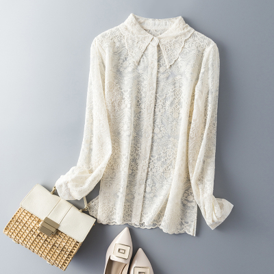 广赫搭配毛衣从冬穿到春！精致刺绣蕾丝黑衬衫女甜美打底衫小性感透视衬衫