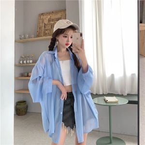 防晒衬衫女式薄款长袖外套防晒衫夏季新款别致休闲宽松衬衣潮