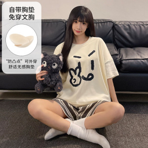带胸垫夏季仿棉短袖睡衣女韩版卡通休闲宽松甜美家居服套装可外穿