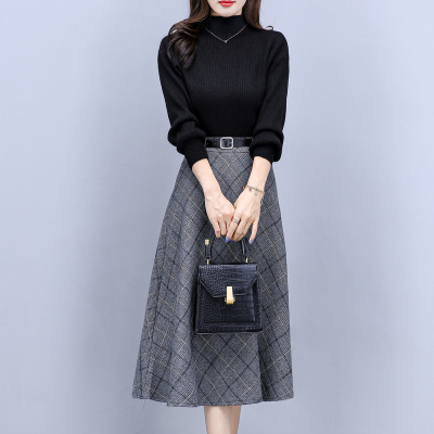 班俏BANQIAO长袖毛呢套装裙秋冬季2020新款时尚修身显瘦轻熟风御姐针织两件套女装