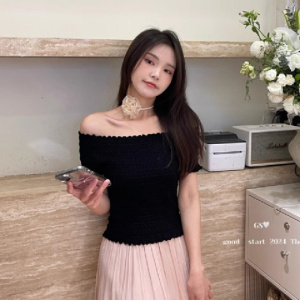 减龄甜美波浪纹木耳边上衣收腰显瘦夏季新款短款一字领针织衫T恤