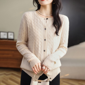 女装针织麻花开衫毛衣外套春秋新款安迪绒圆领针织衫纯色开衫